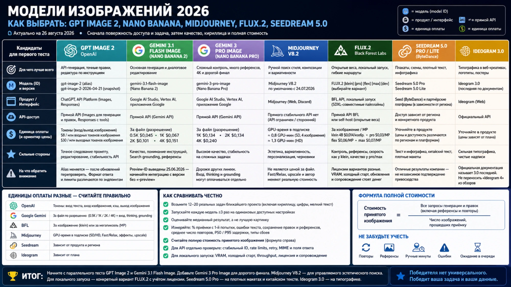 Карта актуальных моделей изображений 2026 с версиями, поверхностями доступа, единицами оплаты и границами сравнения