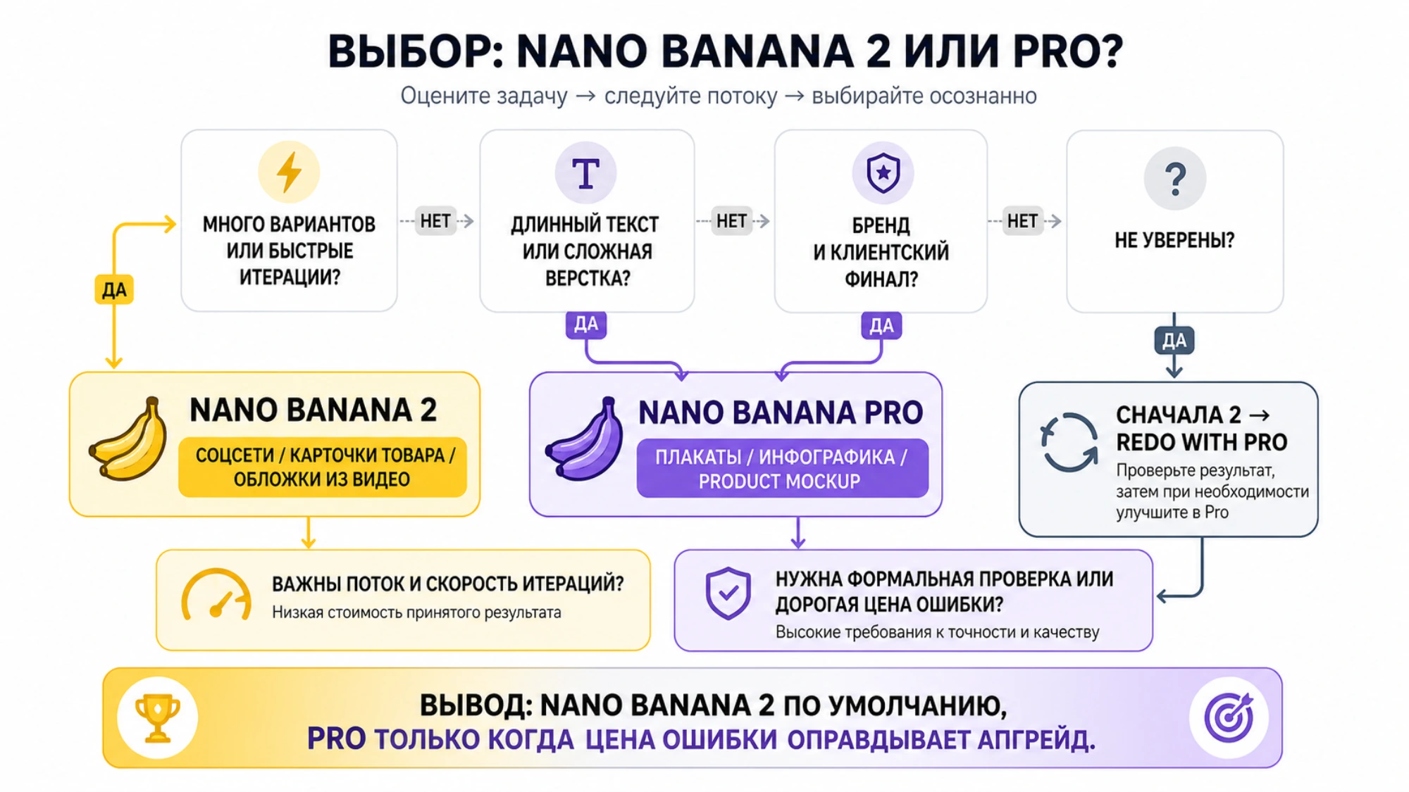 Рабочий процесс: Nano Banana 2 делает варианты и поток, а Pro получает только кандидатов с ошибкой текста, верстки или консистентности