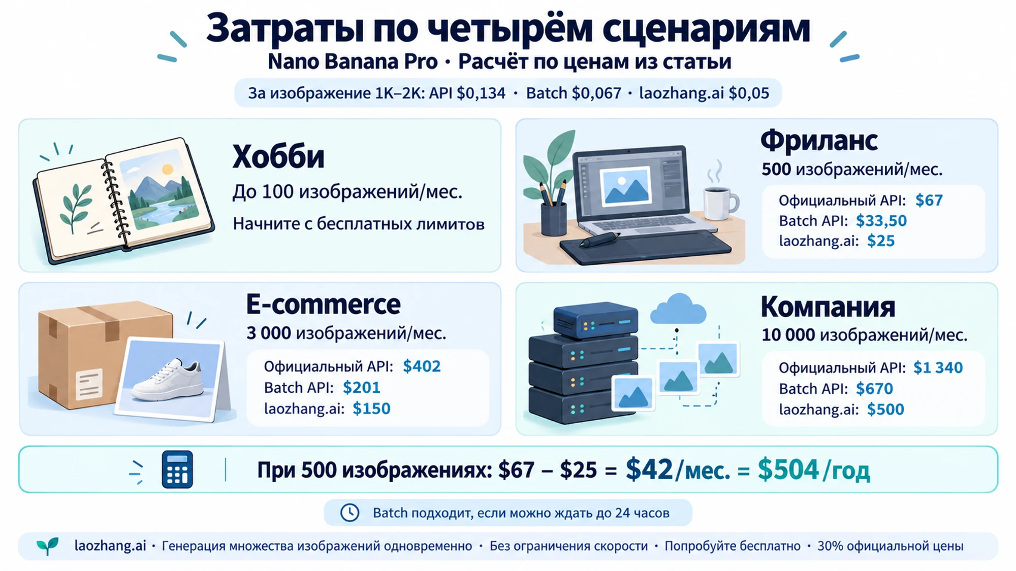Сравнение затрат для четырёх сценариев использования с рекомендациями оптимальных решений для разных объёмов