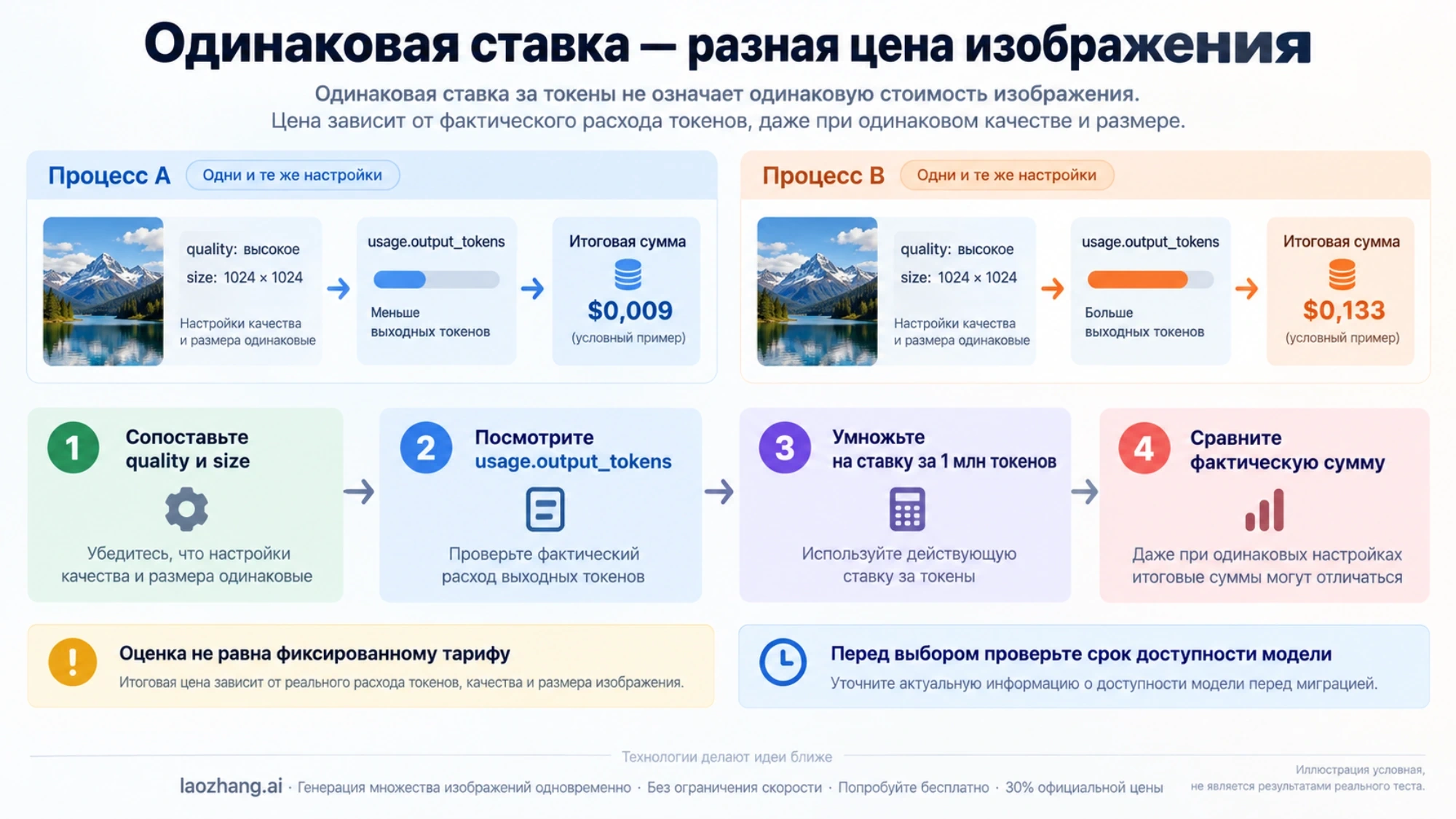 Как расход выходных токенов меняет стоимость изображения при одинаковых настройках