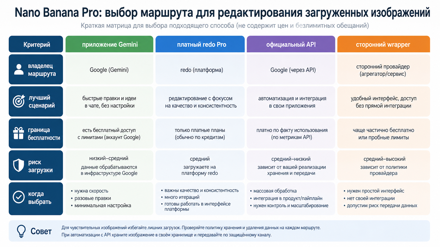 Матрица маршрутов Gemini app, платного Pro-повтора, официального API и сторонних кредитов