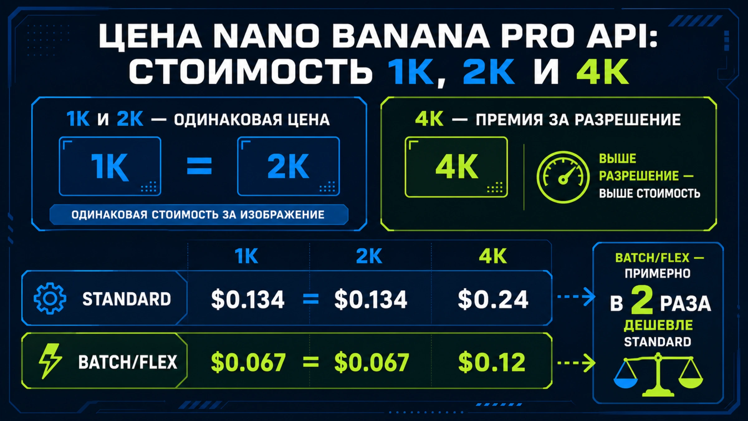Цена Nano Banana Pro API: 1K, 2K, 4K и объём