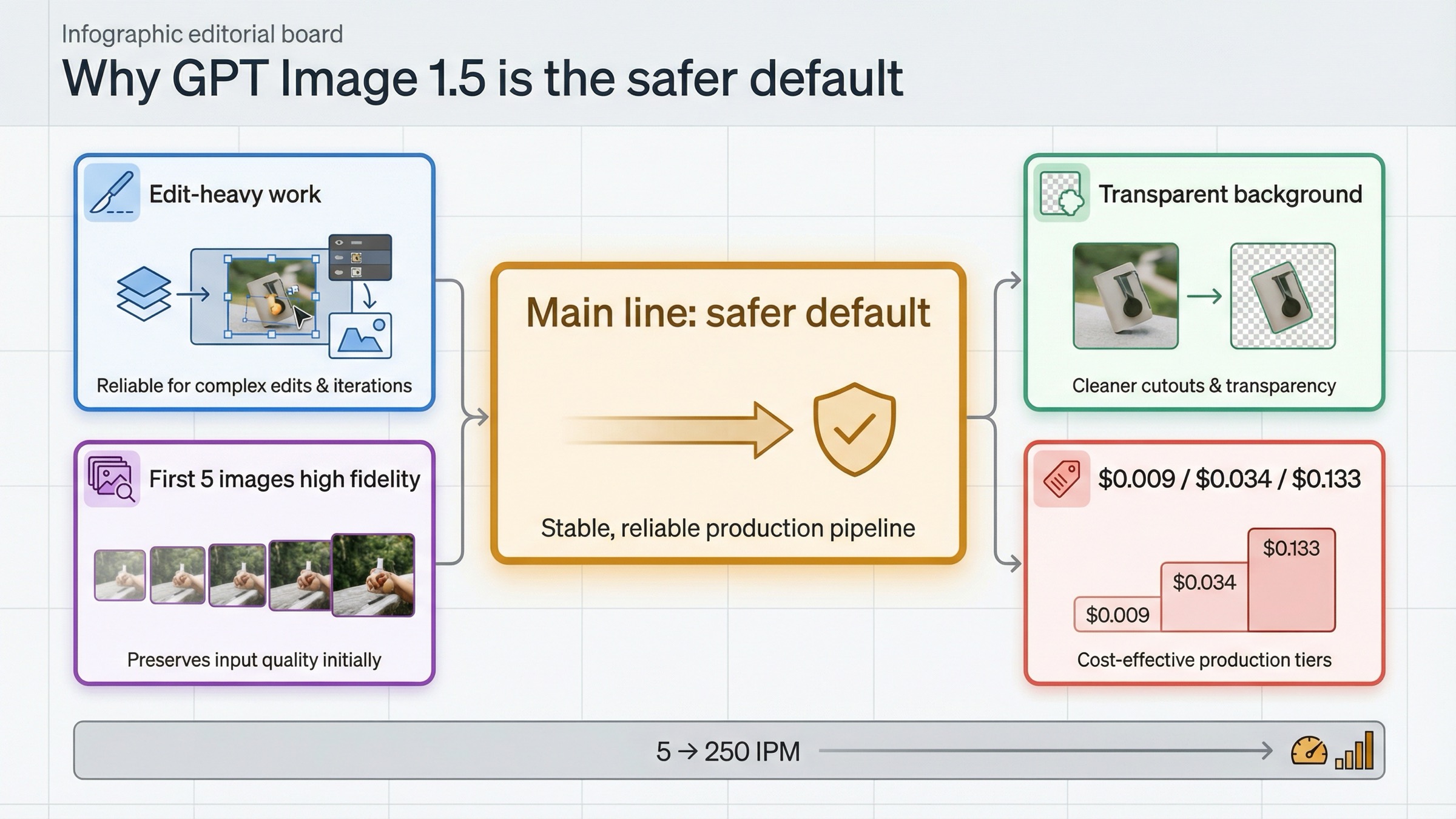 Схема default-линии GPT Image 1.5 с упором на правки, прозрачный фон, высокий input fidelity для первых пяти изображений, ценовую лестницу 1K и опубликованные лимиты изображений в минуту.