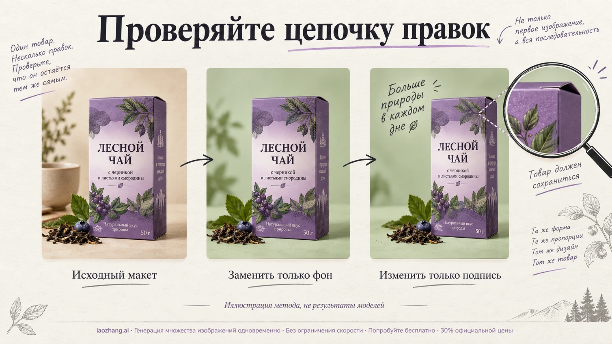 Последовательные правки фона и подписи на макете с одной упаковкой чая
