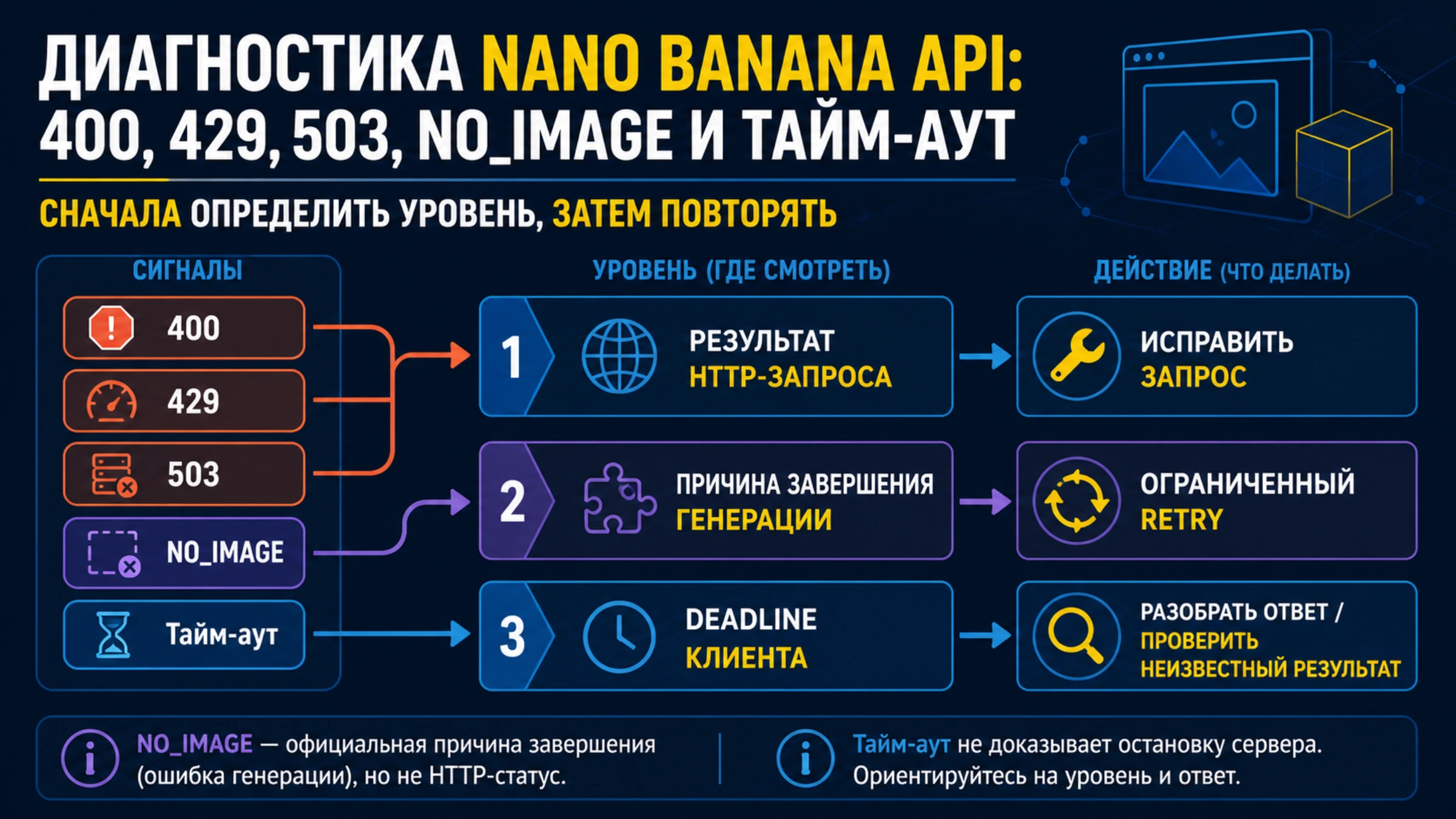 Диагностика Nano Banana API: 400, 429, 503, NO_IMAGE и тайм-аут