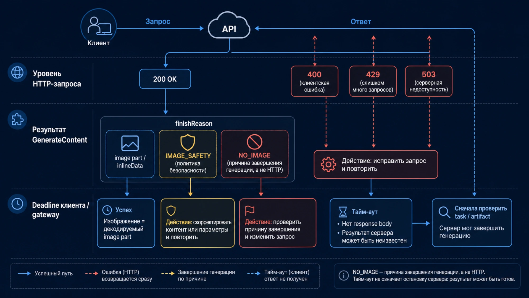 Три уровня Nano Banana: HTTP-ошибка, причина завершения генерации и тайм-аут клиента