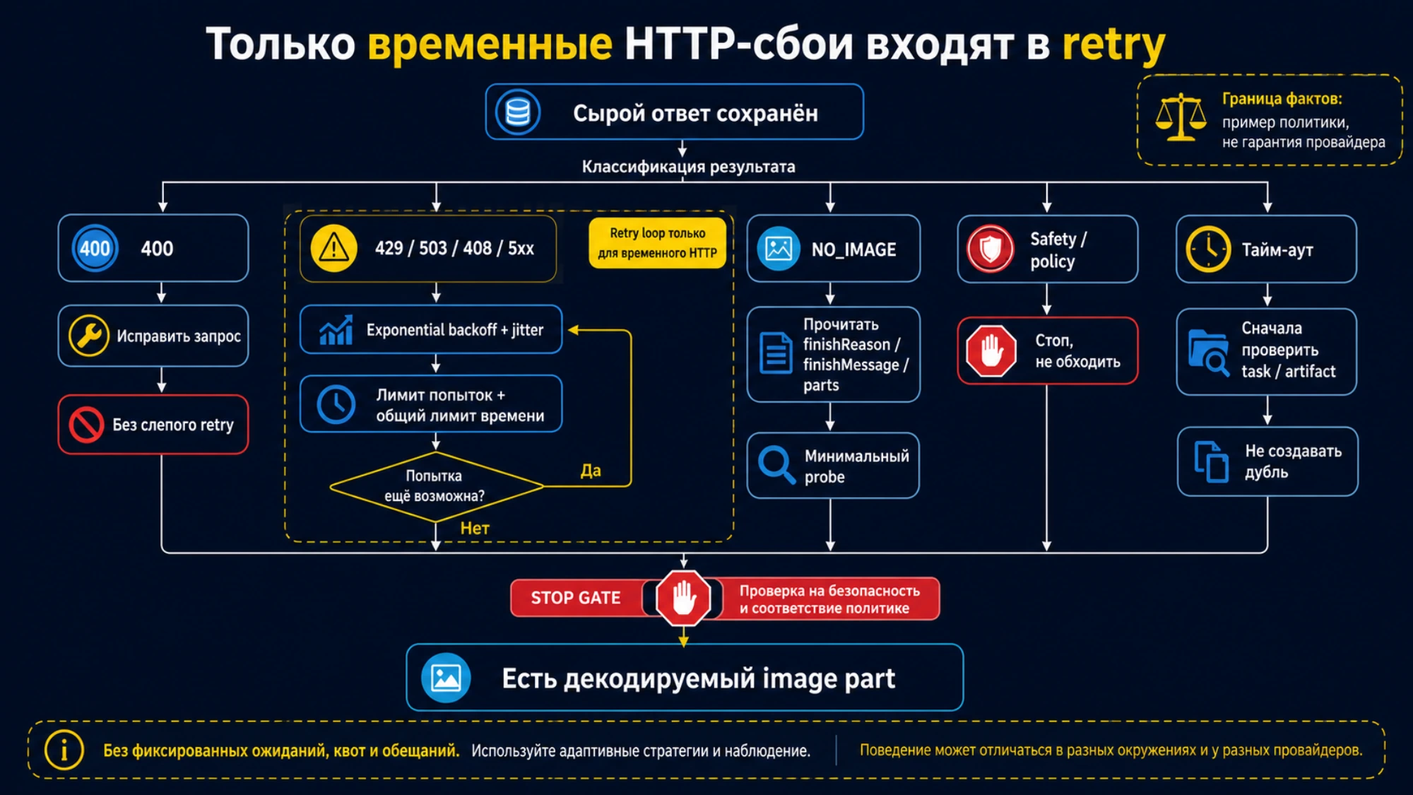 Временная шкала ограниченного retry, остановки и передачи инцидента