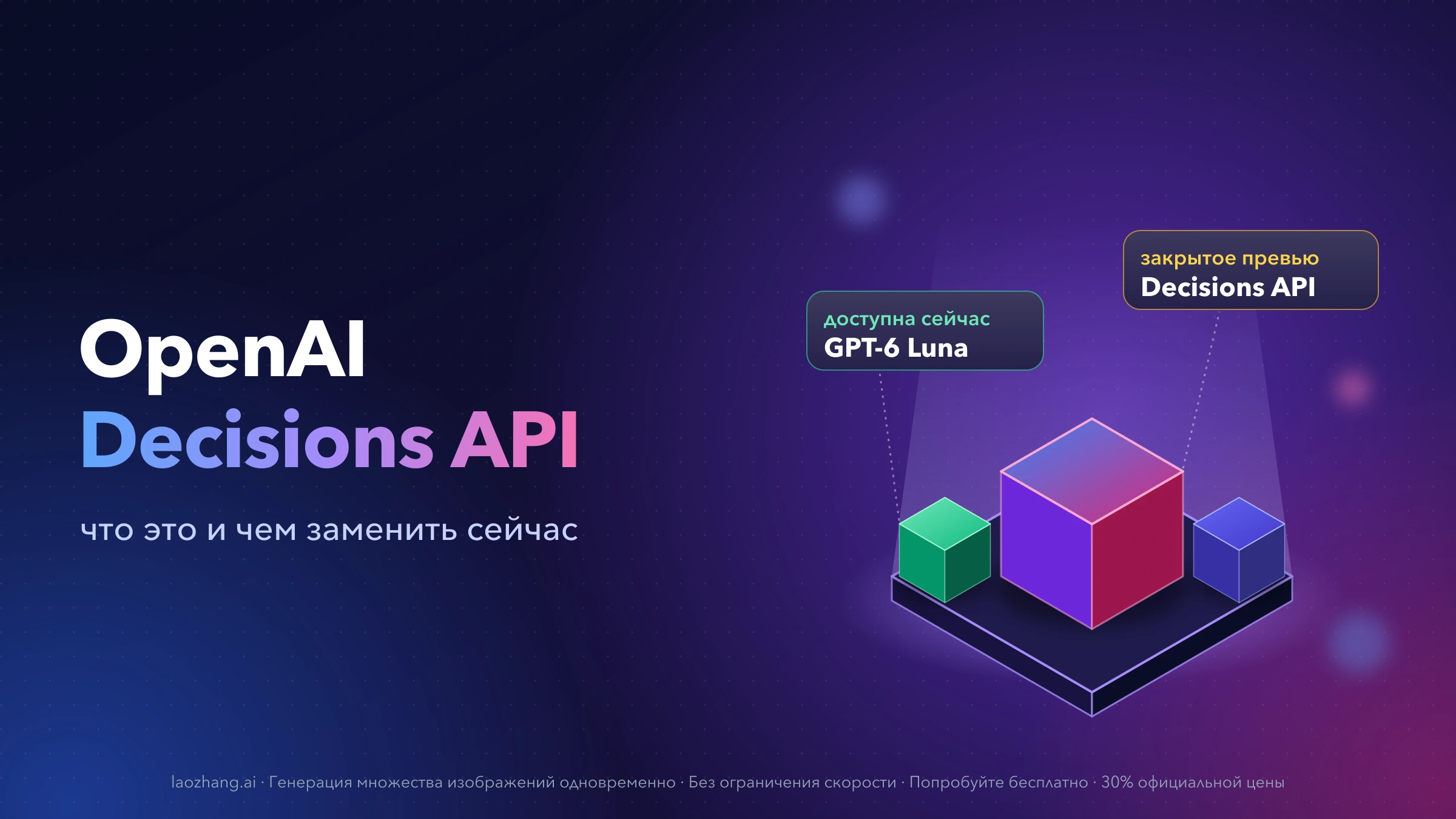 Светящийся постамент с большим кубом Decisions API с пометкой «закрытое превью» и зелёным кубом GPT-6 Luna с пометкой «доступна сейчас»