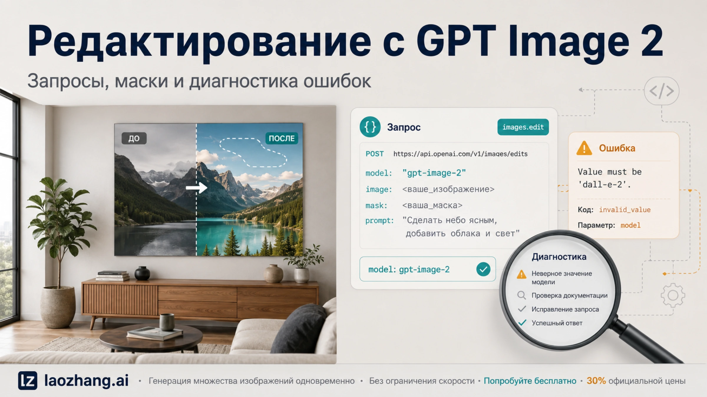 Редактирование изображения комнаты через GPT Image 2 и диагностика ошибки запроса