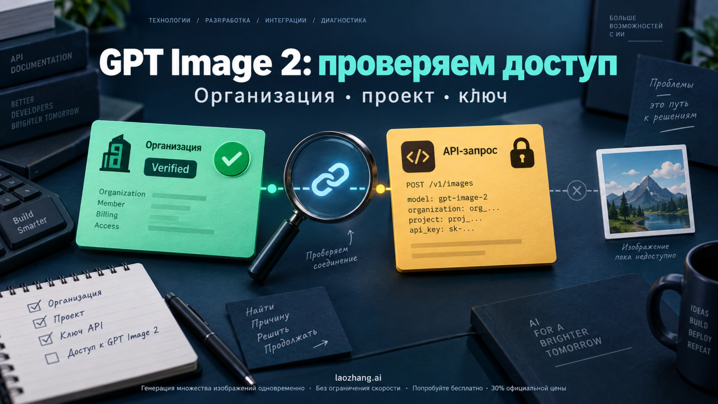 Карточки проверенной организации и API-запроса с лупой между ними