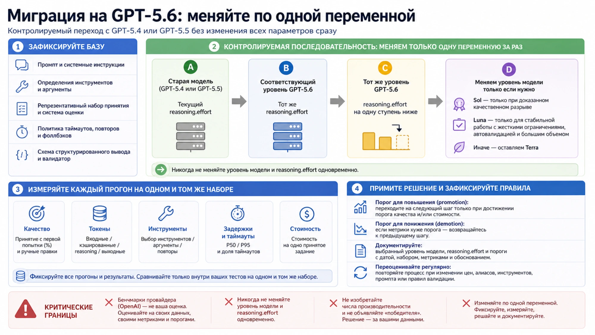 Контролируемая миграция с GPT-5.4 или GPT-5.5 на GPT-5.6: фиксированные переменные, сравнение одинакового и пониженного reasoning effort, единые метрики