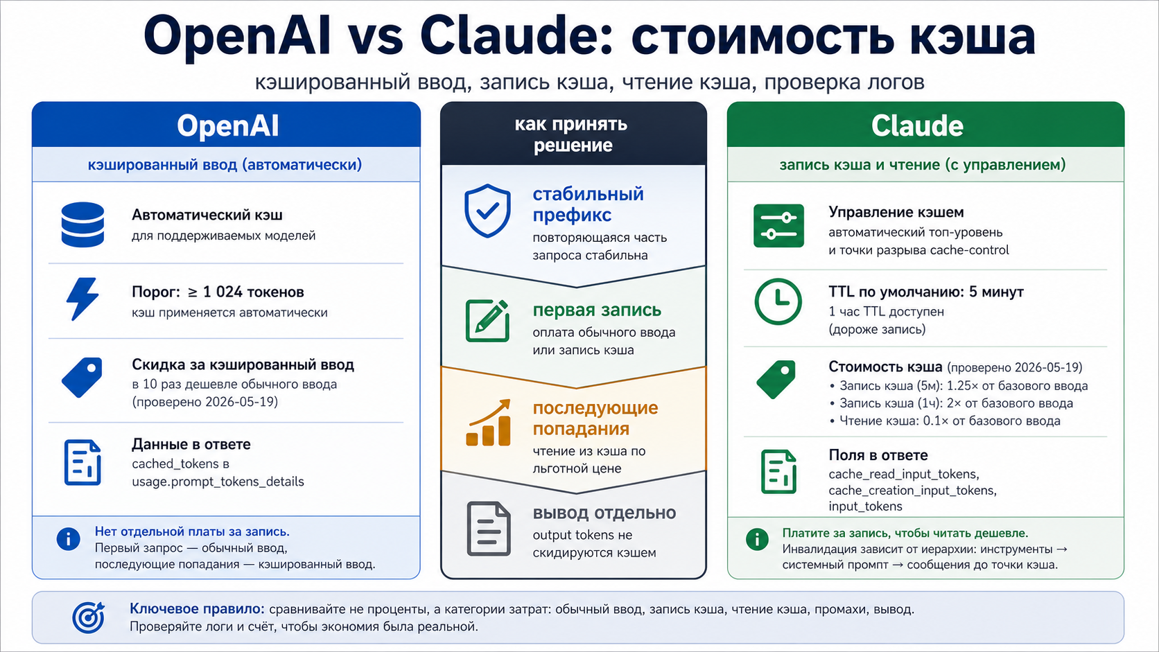OpenAI vs Claude: стоимость prompt caching, кэшированный ввод и точка окупаемости