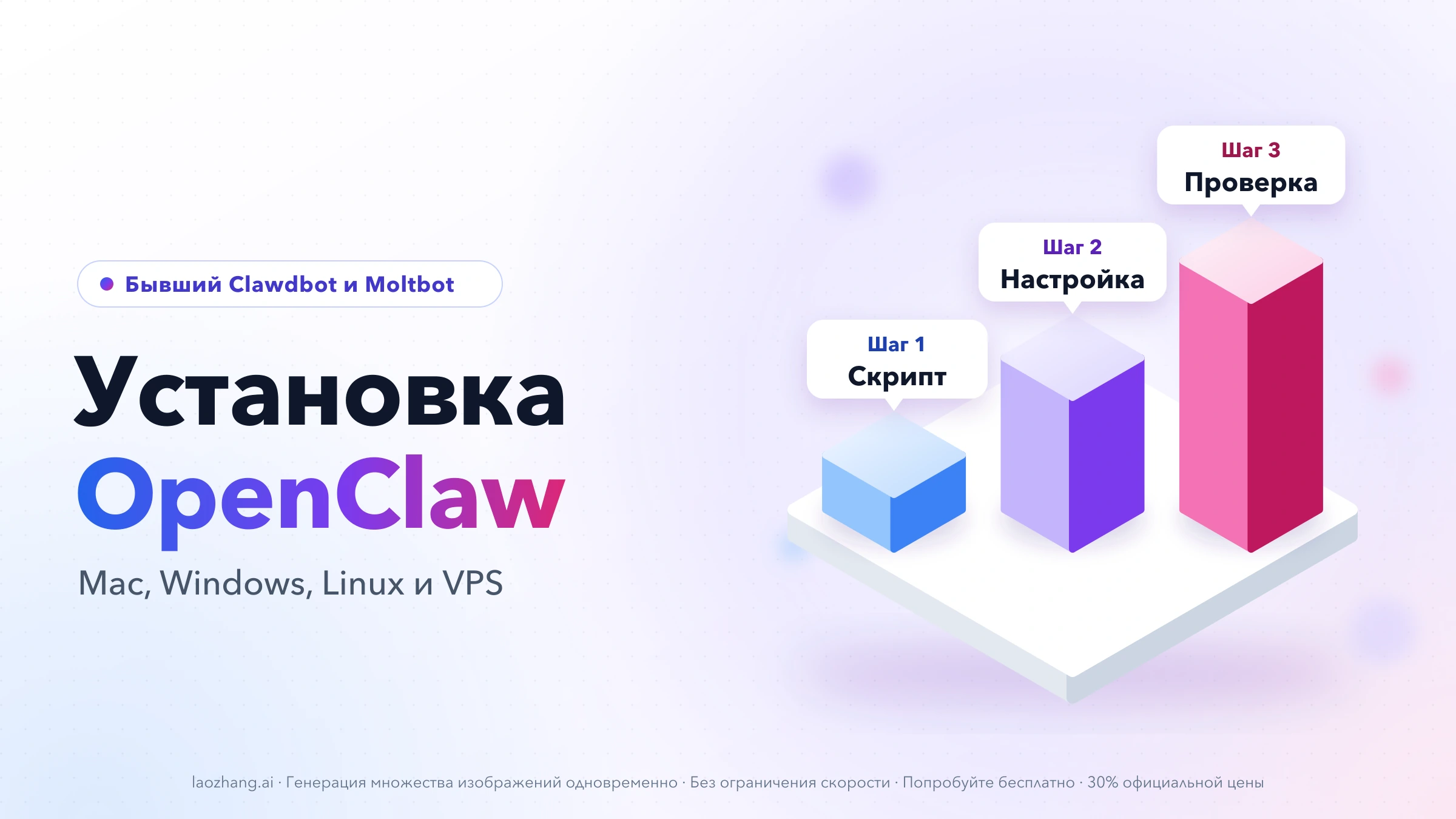 Заголовок «Установка OpenClaw» и три объёмные ступени с подписями «Скрипт», «Настройка» и «Проверка»