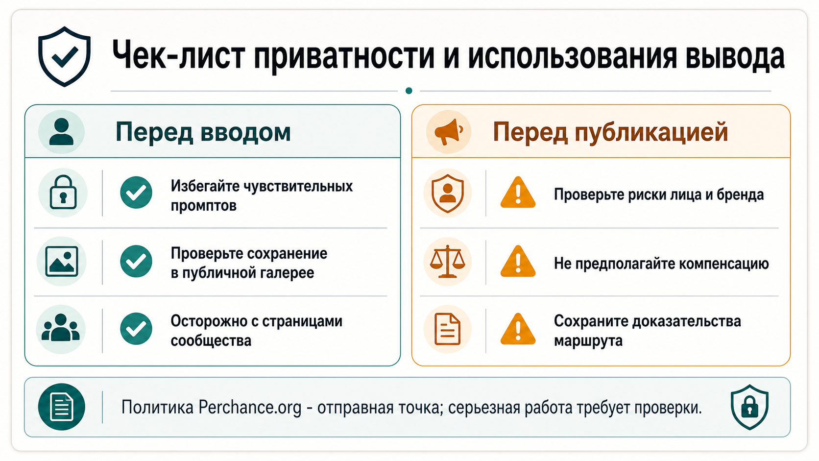 Чеклист приватности и прав Perchance: prompt, public gallery, community pages, likeness, brand risk и route evidence
