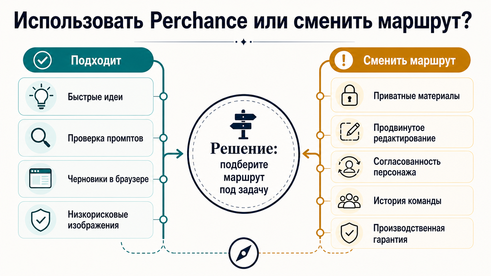 Матрица решения: Perchance подходит для casual ideation, но privacy, advanced editing, consistency, team history и production assurance требуют другого маршрута