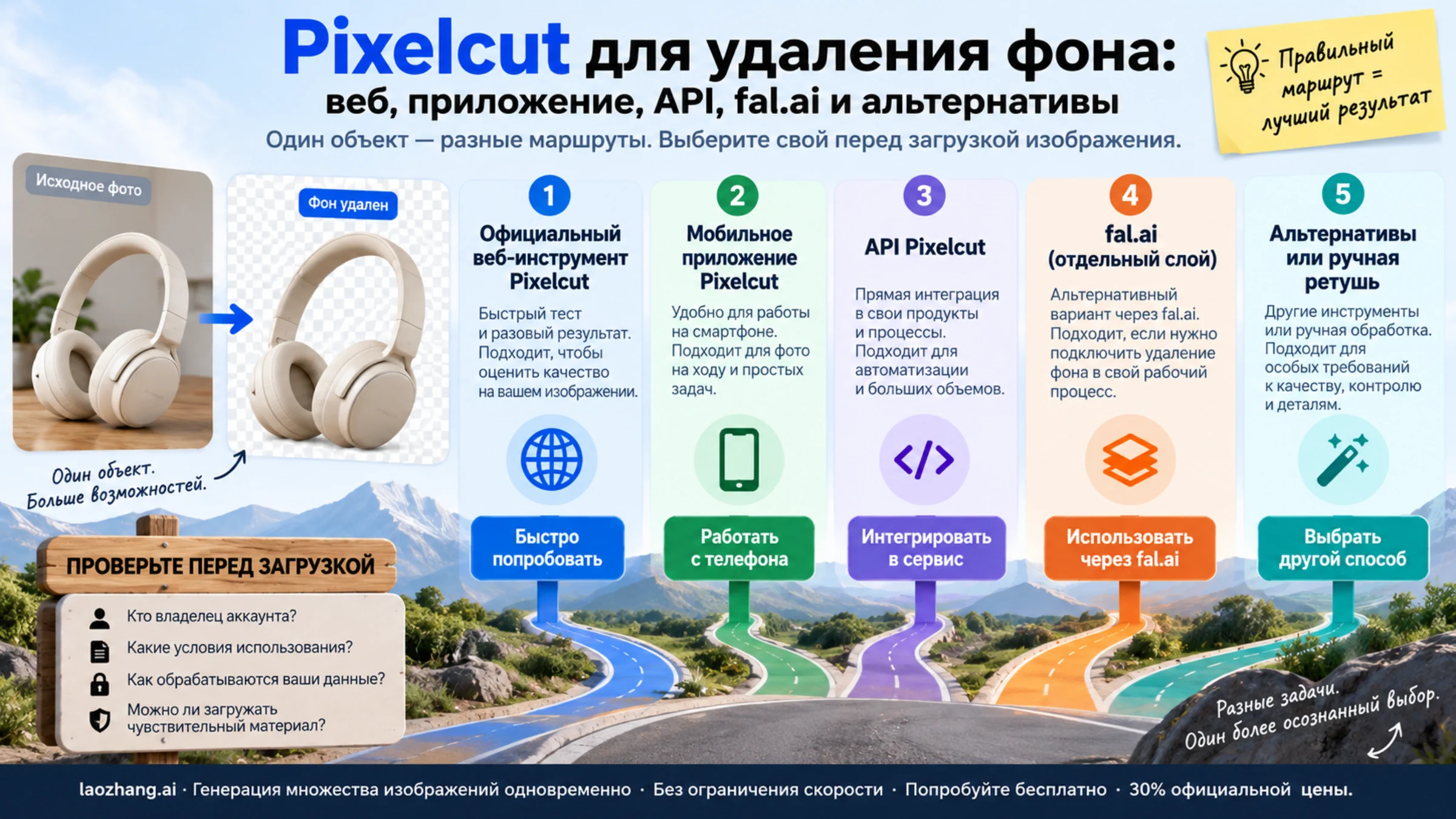 Выбор маршрута Pixelcut: веб, приложение, прямой API, fal.ai, альтернативы и проверка перед загрузкой