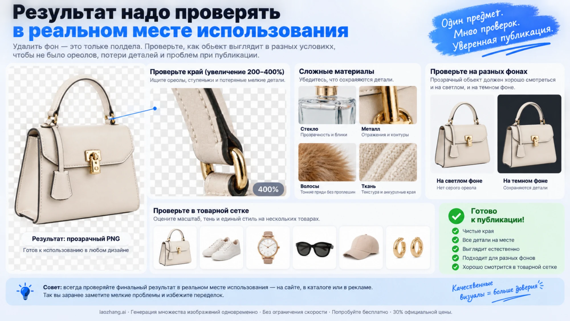 Проверка удаления фона Pixelcut: увеличенный край, сложные материалы, светлый и темный фон, товарная сетка