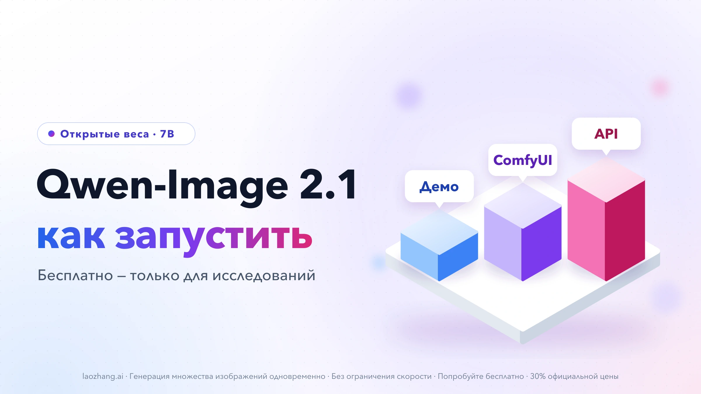 Светлая обложка: заголовок «Qwen-Image 2.1 — как запустить» и три возрастающих изометрических блока на подставке с подписями «Демо», «ComfyUI» и «API»