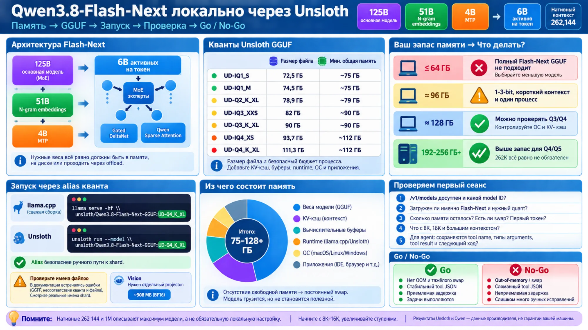 Карта локальной памяти и проверки Qwen3.8-Flash-Next с квантами Unsloth, уровнями 64–256 ГБ, командами запуска, составом памяти и критериями Go/No-Go