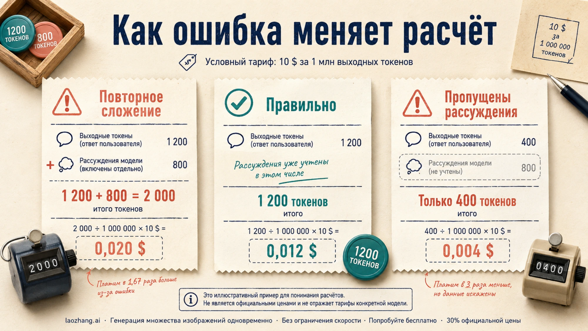 Условные расчёты стоимости вывода при повторном сложении и пропуске токенов рассуждений