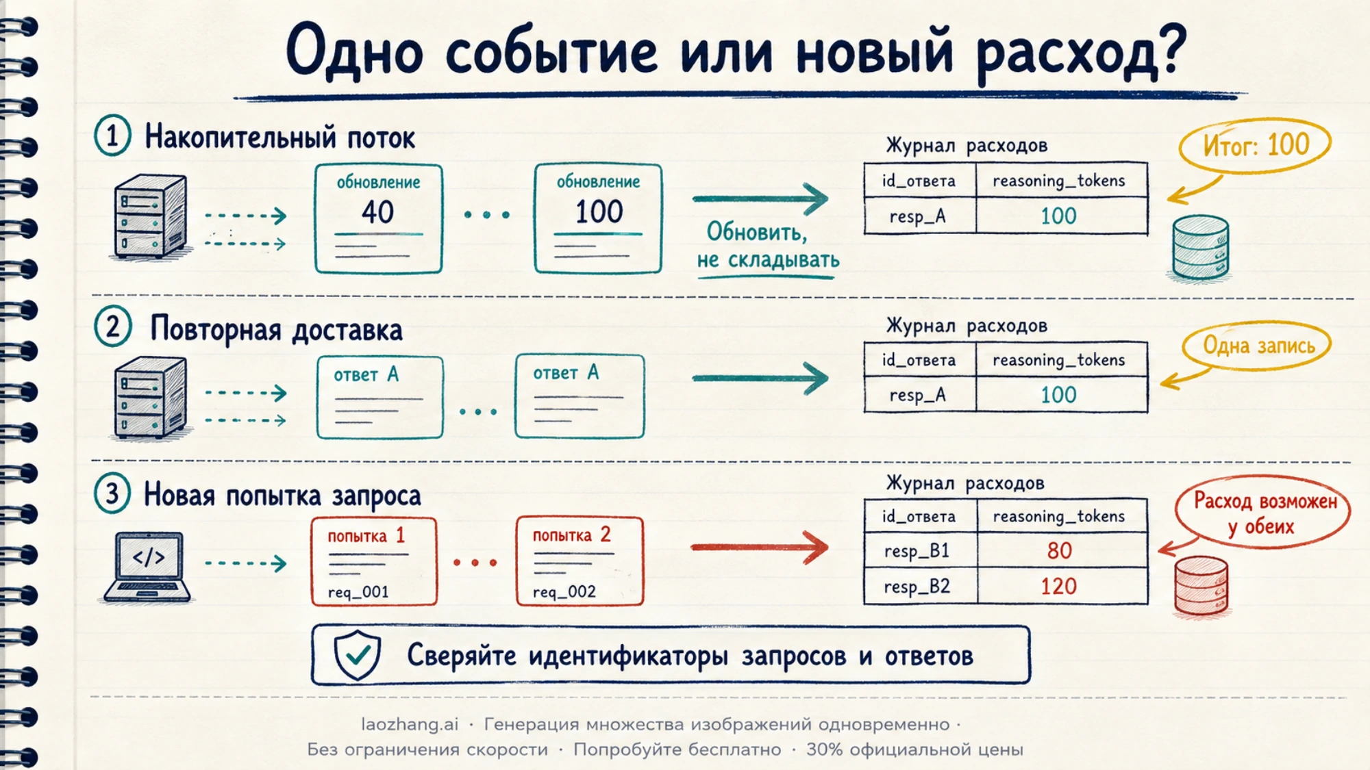 Схема записи накопительных обновлений, повторных событий и новых попыток запроса