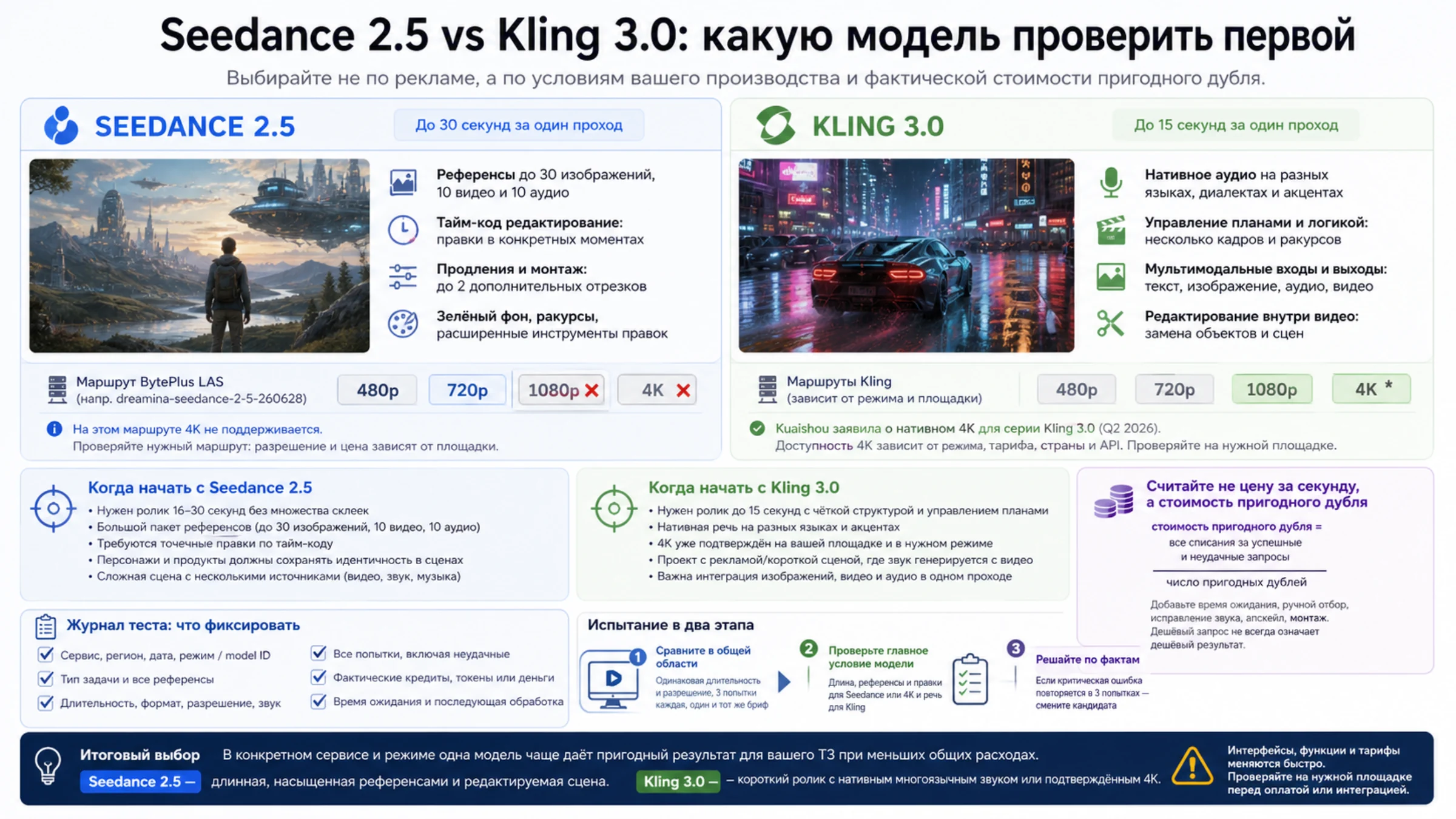 Сравнение Seedance 2.5 и Kling 3.0 по маршрутам, задачам и стоимости пригодного дубля