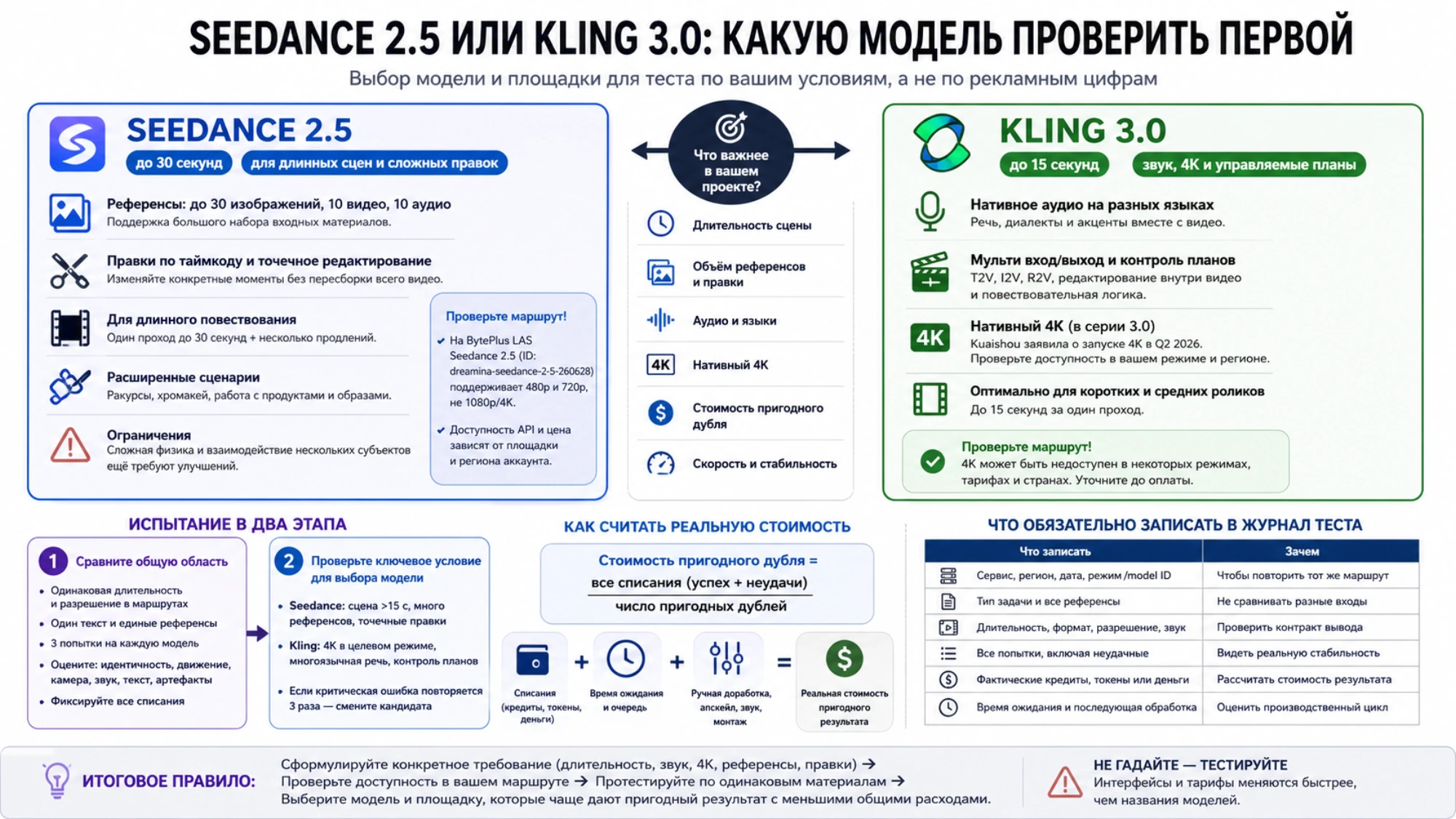 Карта приоритетов проекта для первого теста Seedance 2.5 или Kling 3.0 с учётом маршрута и стоимости пригодного результата
