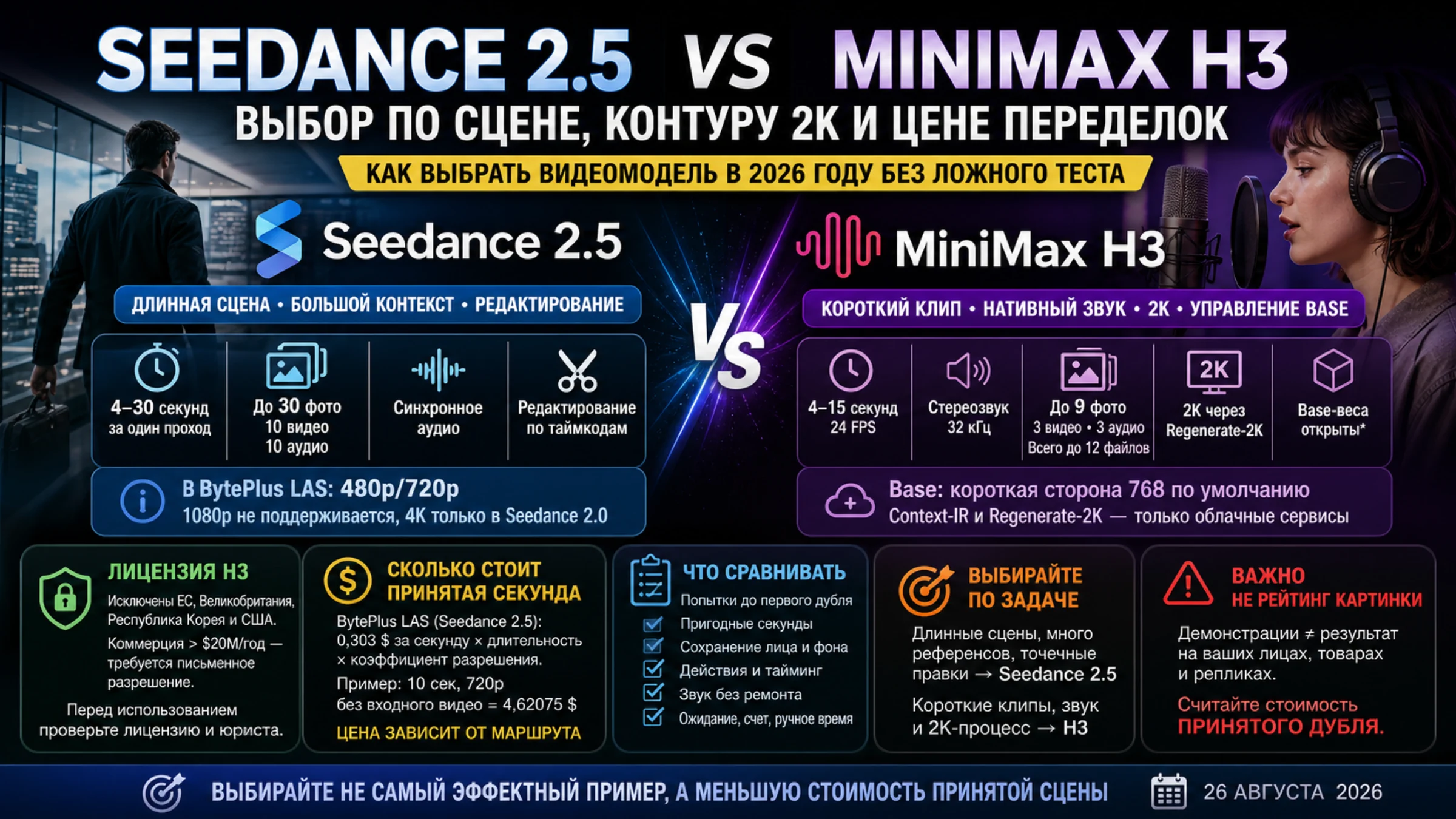 Русская схема выбора Seedance 2.5 и MiniMax H3 по длительности сцены, звуку, 2K, лицензии и стоимости принятого дубля