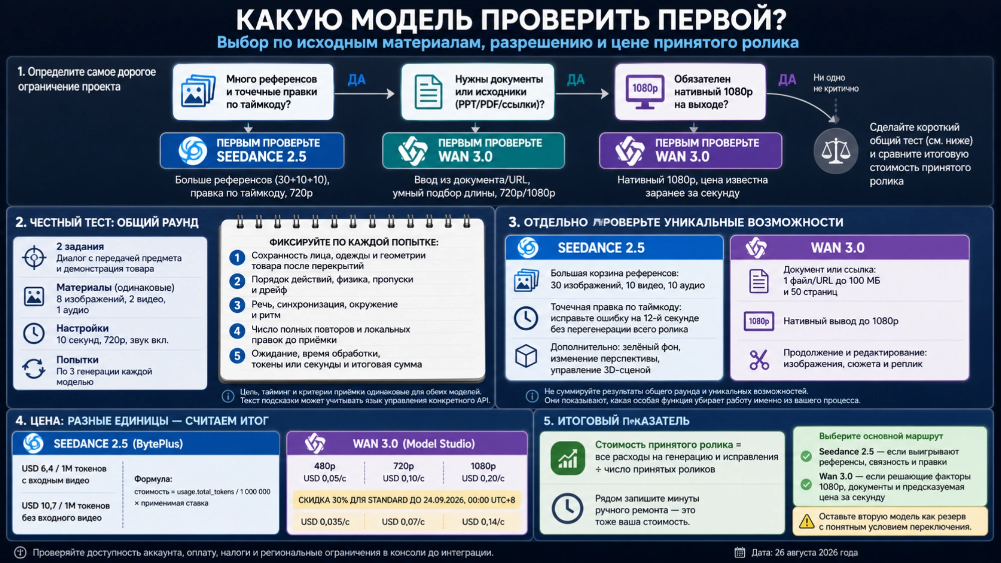 Схема честного парного теста Seedance 2.5 и Wan 3.0 с критериями приёмки и расчётом итоговой стоимости