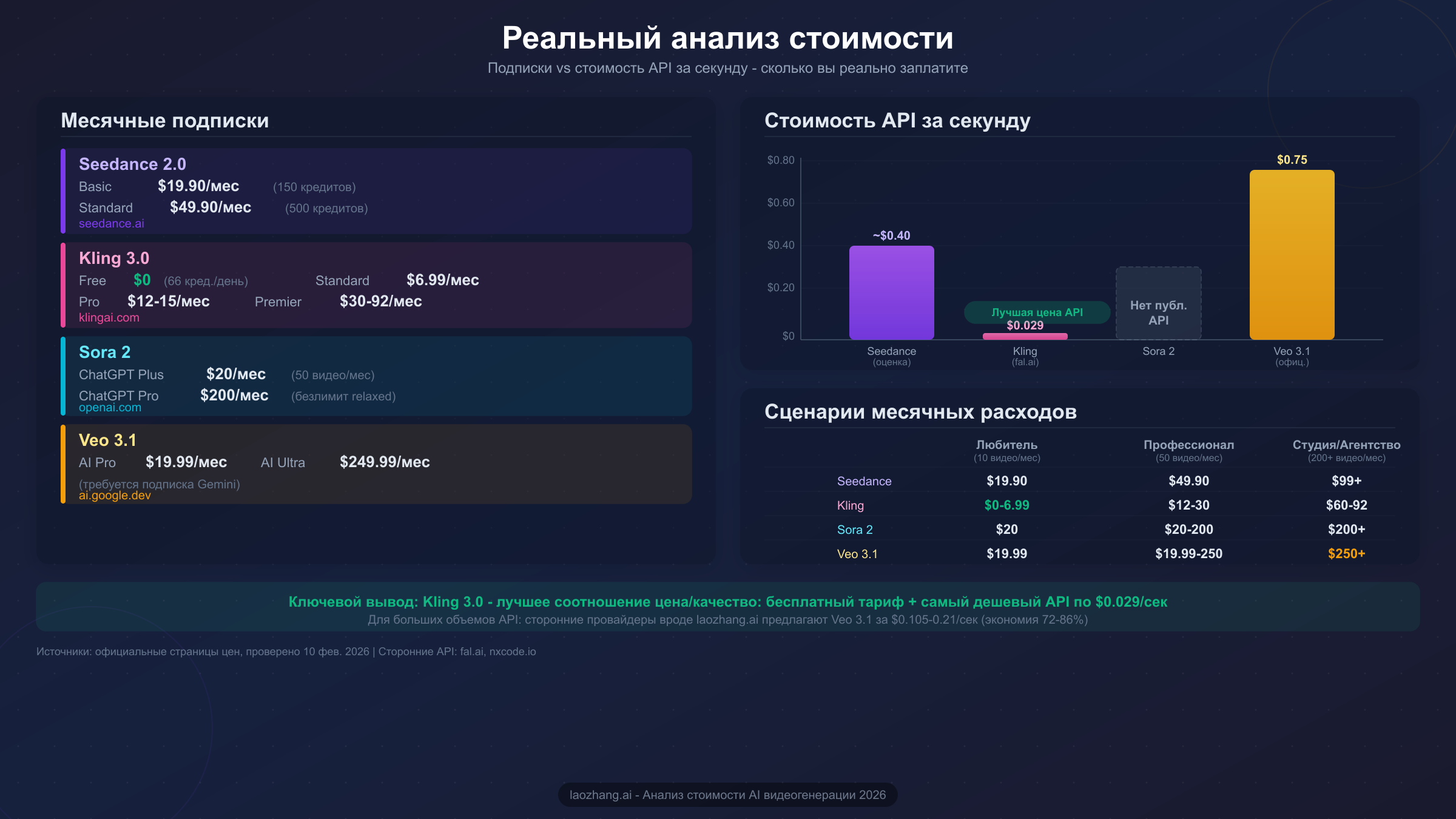 Визуализация стоимости, сравнивающая подписки и затраты на API для всех четырёх ИИ-видеогенераторов