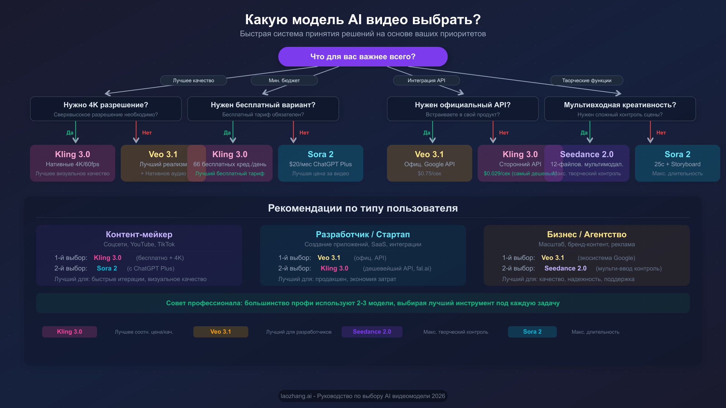 Блок-схема, помогающая пользователям выбрать подходящую модель ИИ-видео на основе приоритетов: качество, бюджет, API и творческие функции