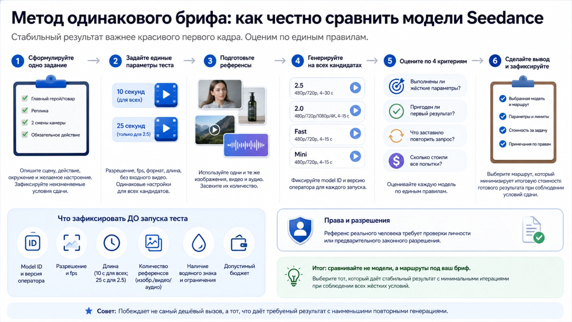 Одинаковый brief для сравнения Seedance: фиксированные референсы и требования, первый пригодный результат, причины повторов и итоговая стоимость