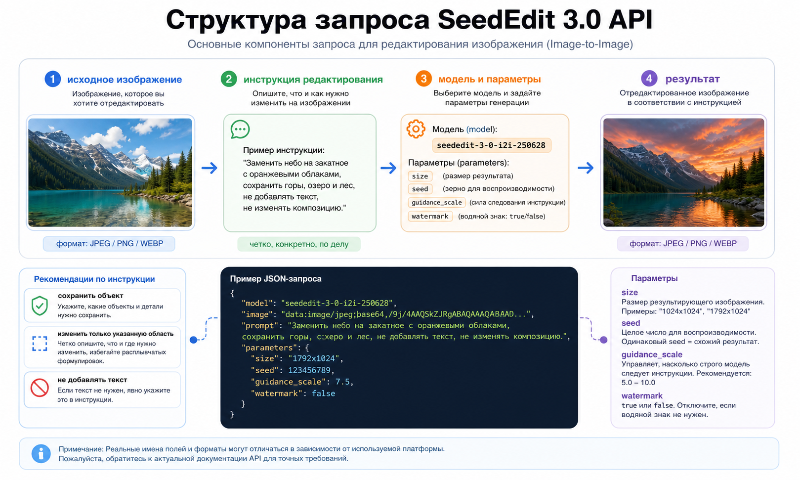 Структура запроса SeedEdit 3.0 API с исходным изображением, инструкцией, моделью, параметрами и результатом.