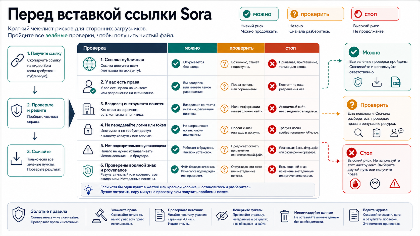 Чеклист риска перед вставкой Sora-ссылки в сторонний загрузчик