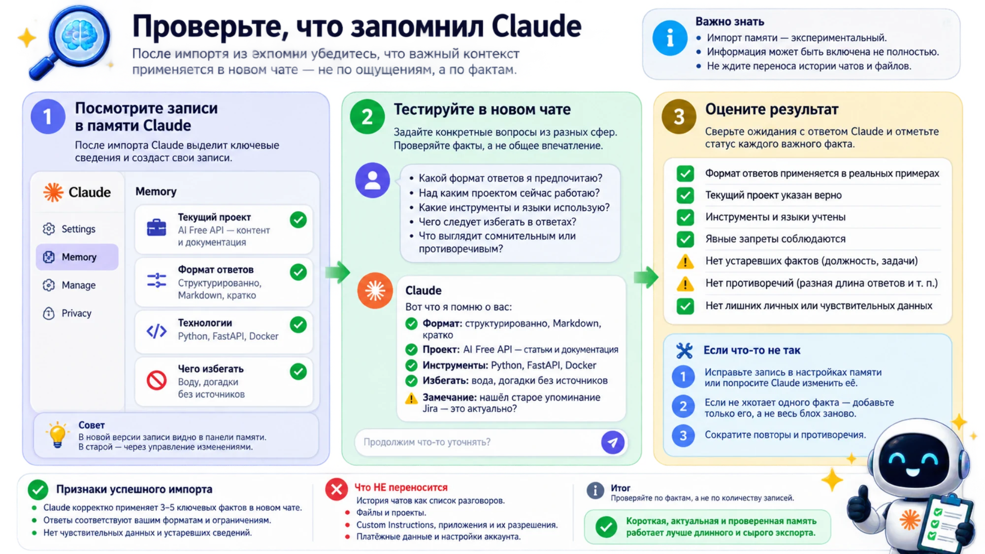 Проверка памяти Claude по записям и вопросам в новом чате с точечным исправлением пропусков и противоречий