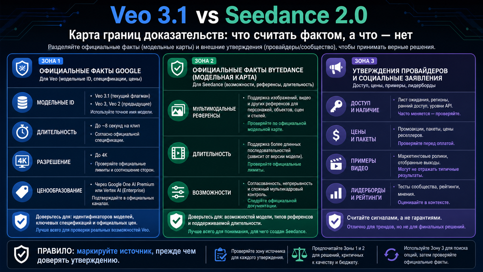 Карта границ доказательств: официальные факты Google, факты модели ByteDance и утверждения провайдеров