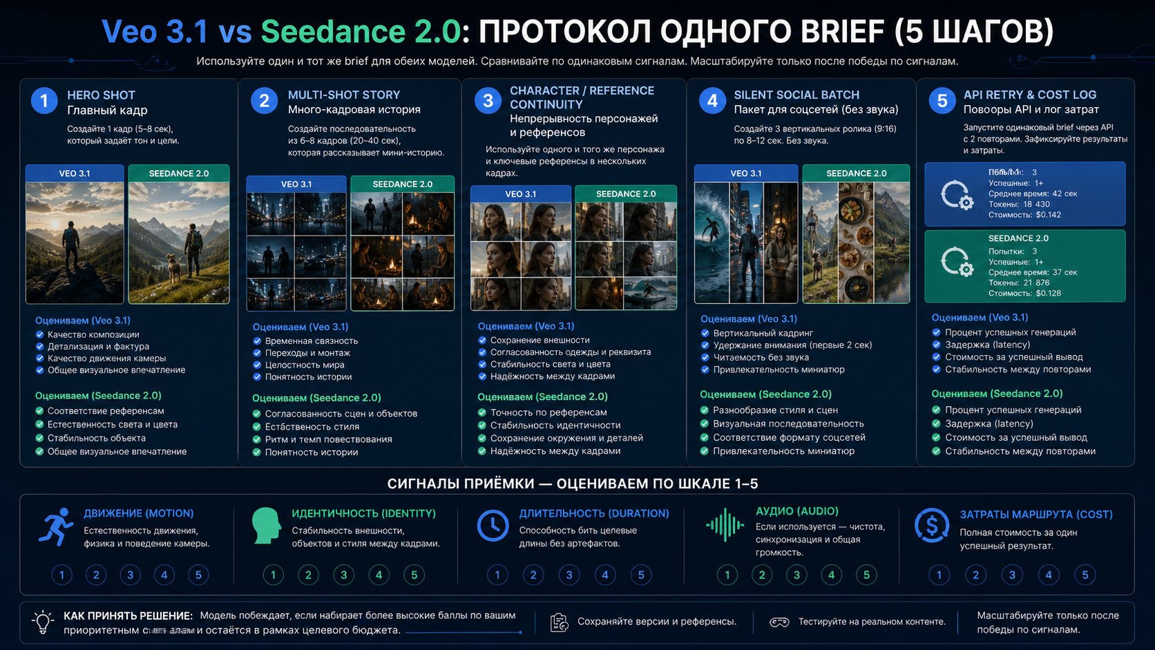Пятишаговый протокол теста на одном брифе для сравнения Veo 3.1 и Seedance 2.0