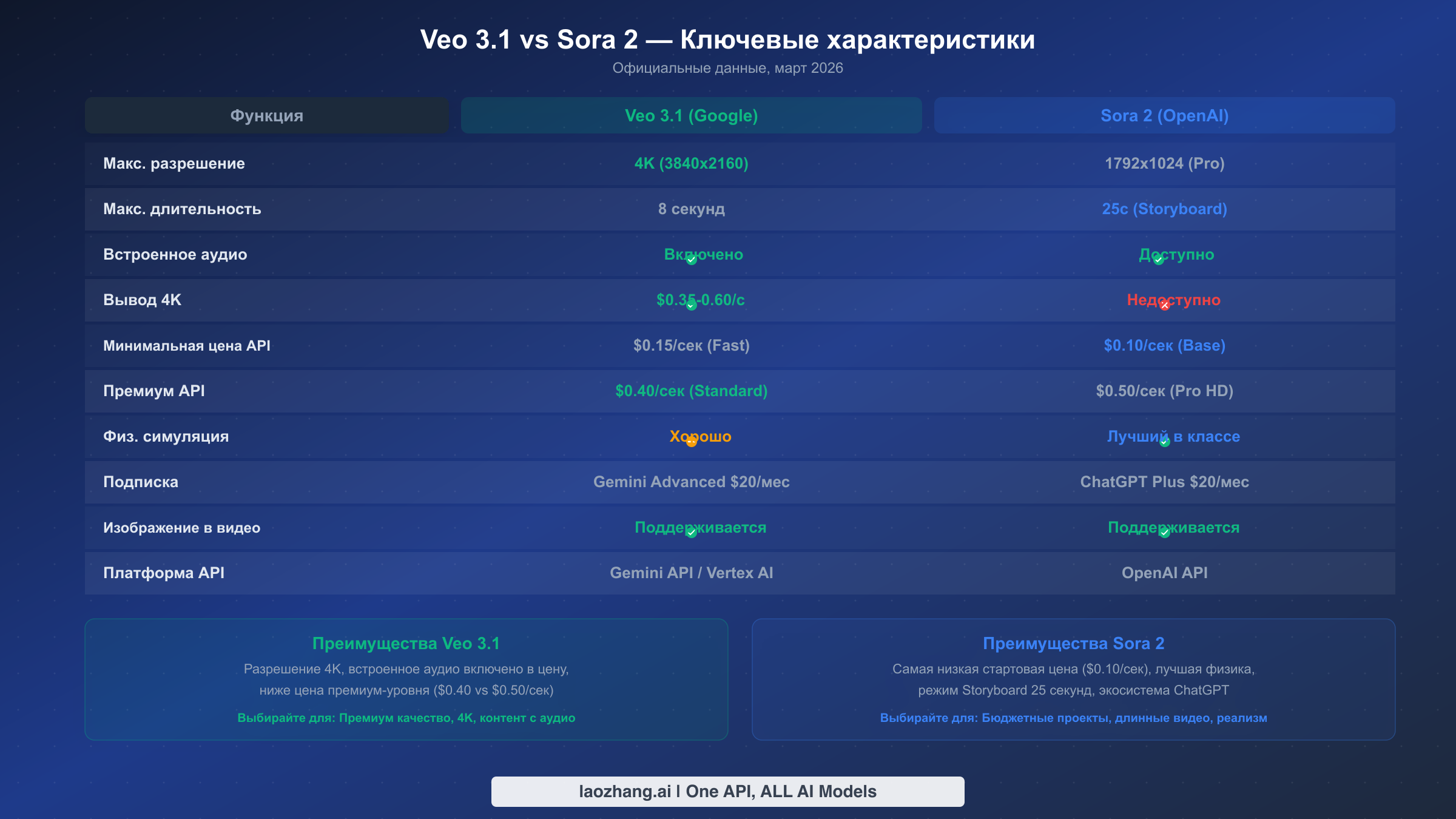Полная сравнительная таблица характеристик Veo 3.1 и Sora 2: разрешение, цены, аудио и API-функции