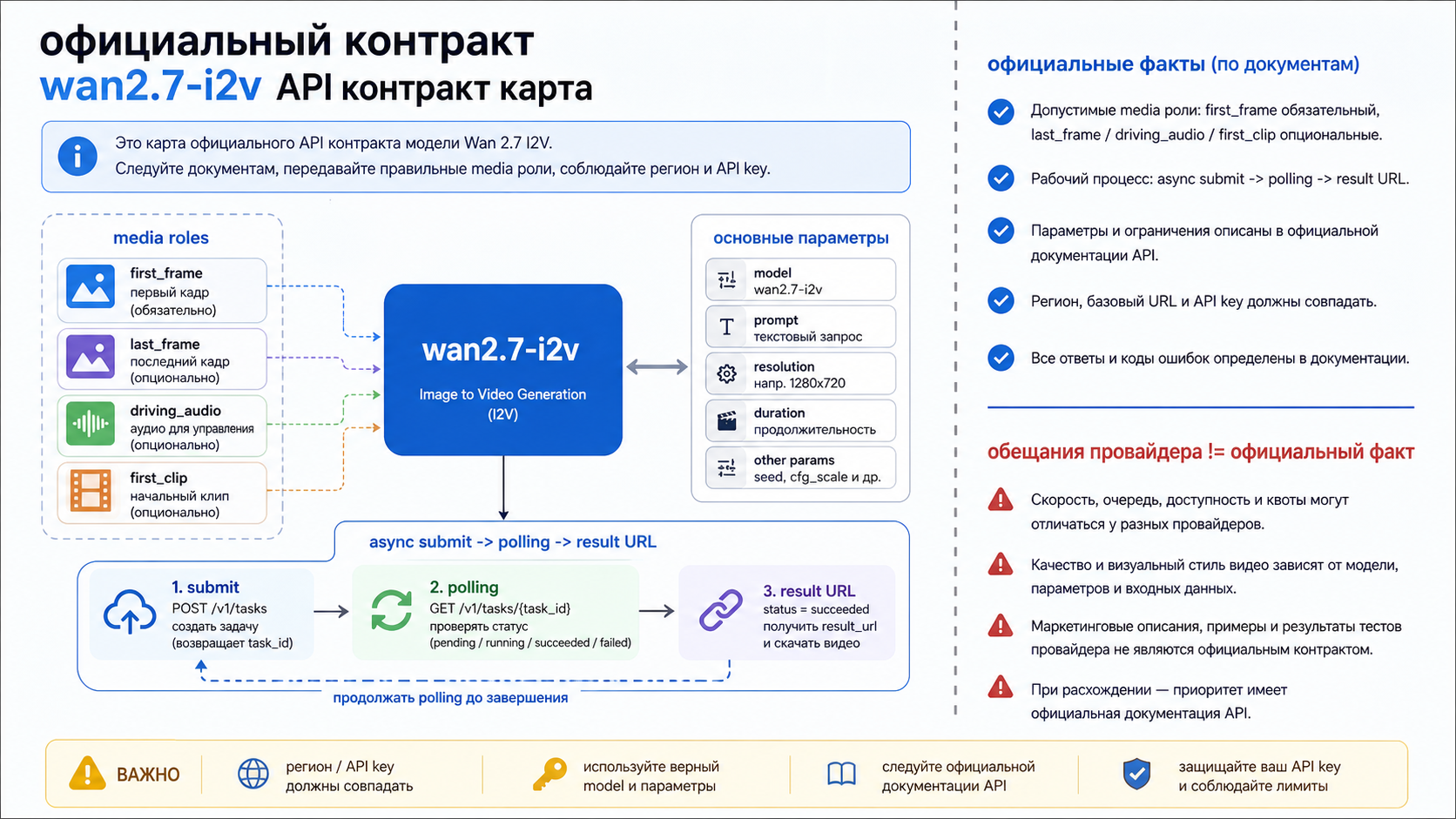 Карта официального контракта Wan 2.7 image-to-video с async task flow, ролями media и границей провайдера