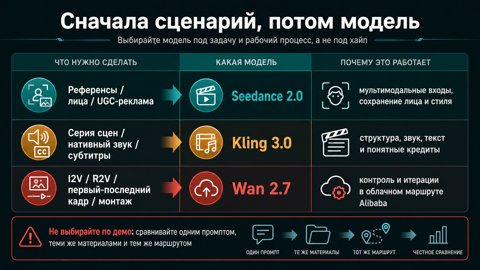 Матрица выбора, когда первым тестировать Seedance 2.0, Kling 3.0 или Wan 2.7