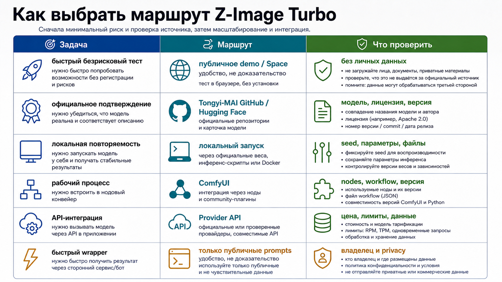 Таблица выбора маршрута Z-Image Turbo: публичное демо, официальное подтверждение, локальный запуск, ComfyUI, Provider API и wrapper.