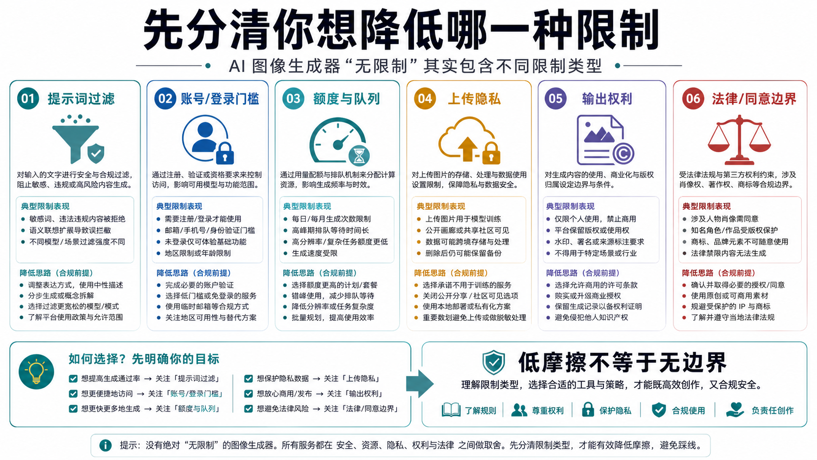 AI 图像生成器限制类型分类,包括提示词过滤、登录门槛、额度、隐私、权利和同意边界
