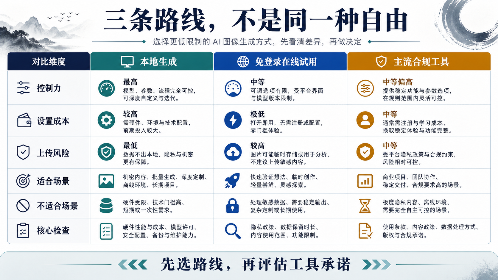 本地生成、免登录在线试用和主流工作工具的路线对比矩阵