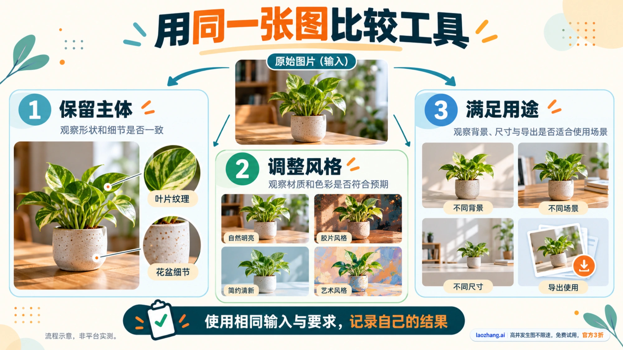 使用同一张盆栽图比较主体保留、风格和输出用途的流程
