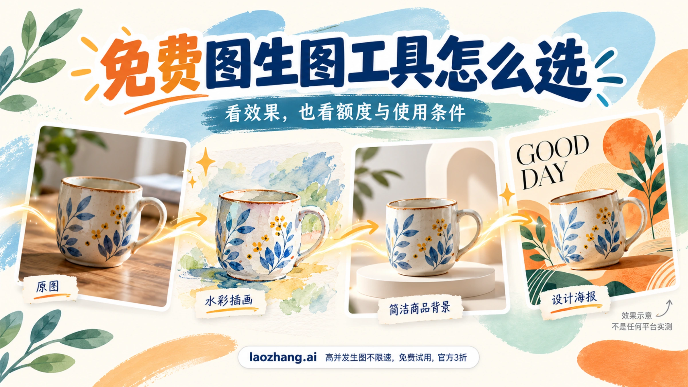 陶瓷杯原图转换为水彩、商品背景和设计海报的示意图