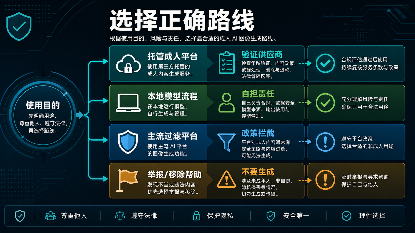 成人 AI 图像生成路线决策树，对比托管服务、本地模型、主流过滤平台和举报删除路径。