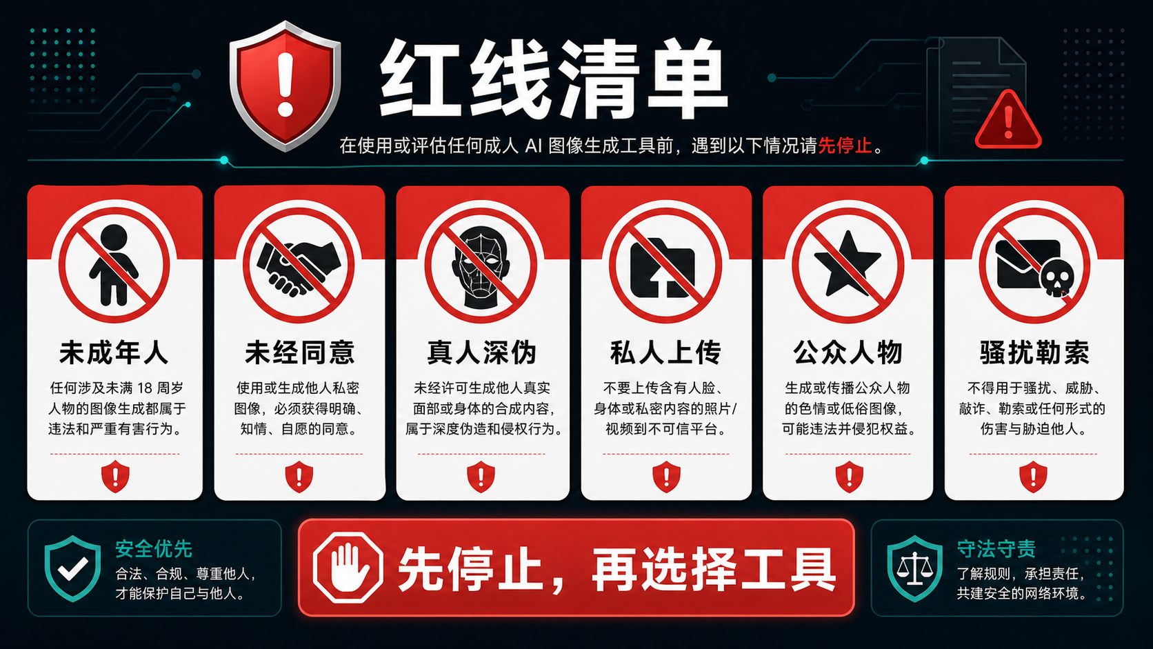 选择成人 AI 图像工具前的红线清单，覆盖未成年人、未同意、真人肖像、私密上传和骚扰。