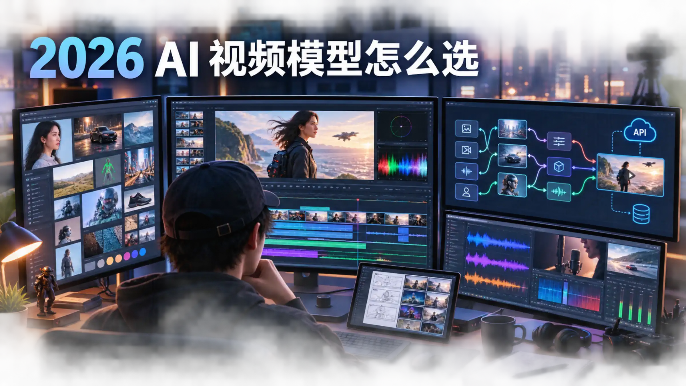 一位视频创作者在多屏工作台上查看时间线、参考素材、音频波形、关键帧与 API 工作流,画面标题为 2026 AI 视频模型怎么选