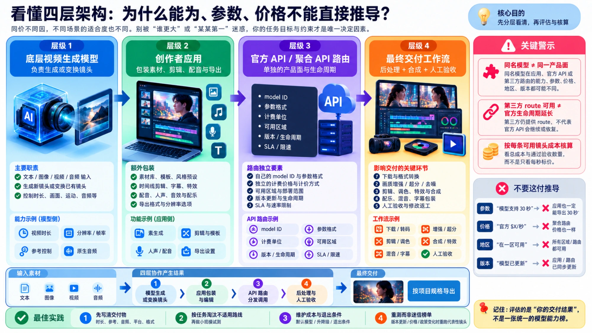 底层视频生成模型、创作者应用、官方或聚合 API 路由和最终交付工作流的四层关系,以及同名模型不能跨产品面直接推导能力、价格和生命周期的警示