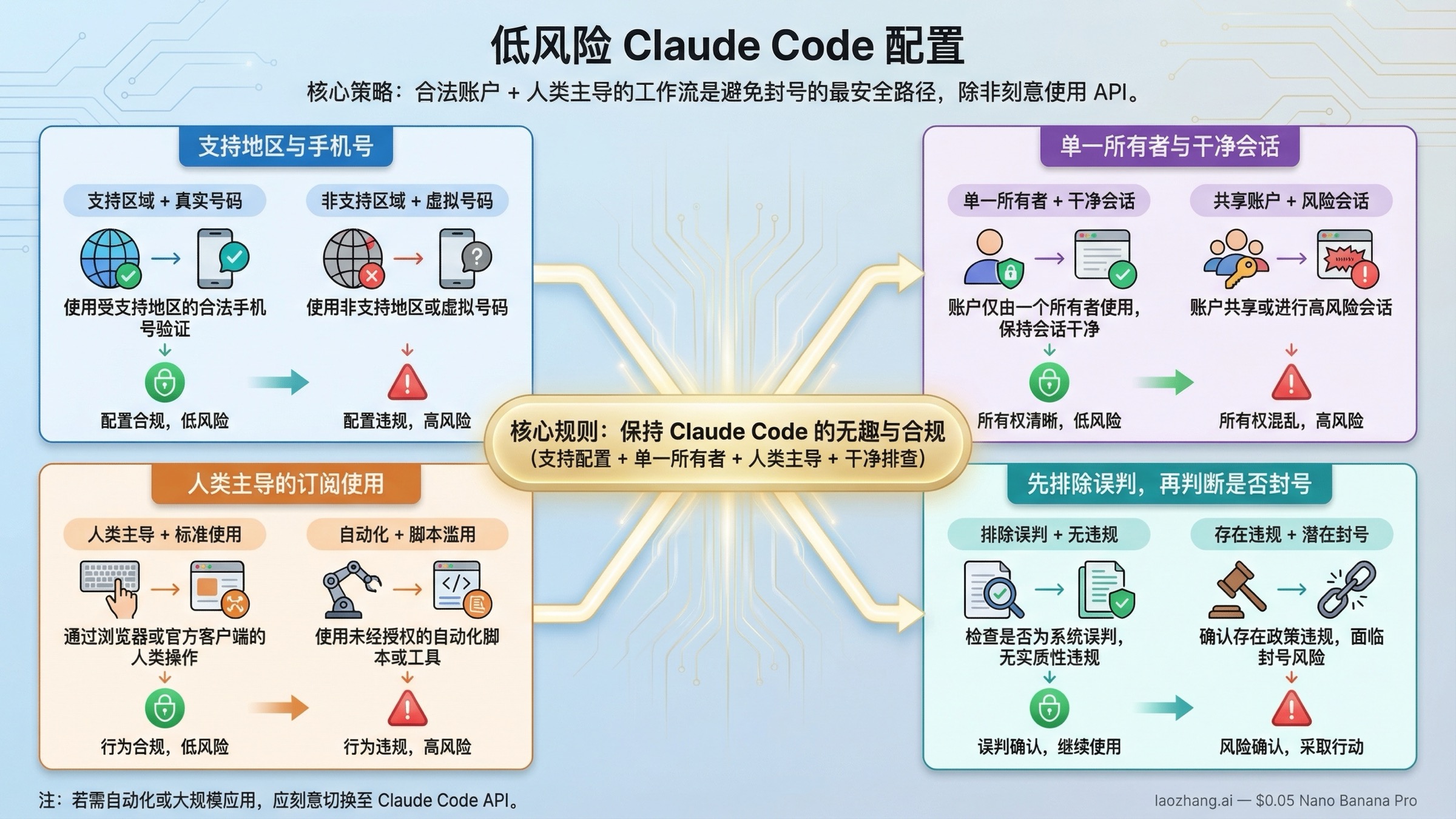 Claude Code 如何避免封号：低风险配置与自查清单